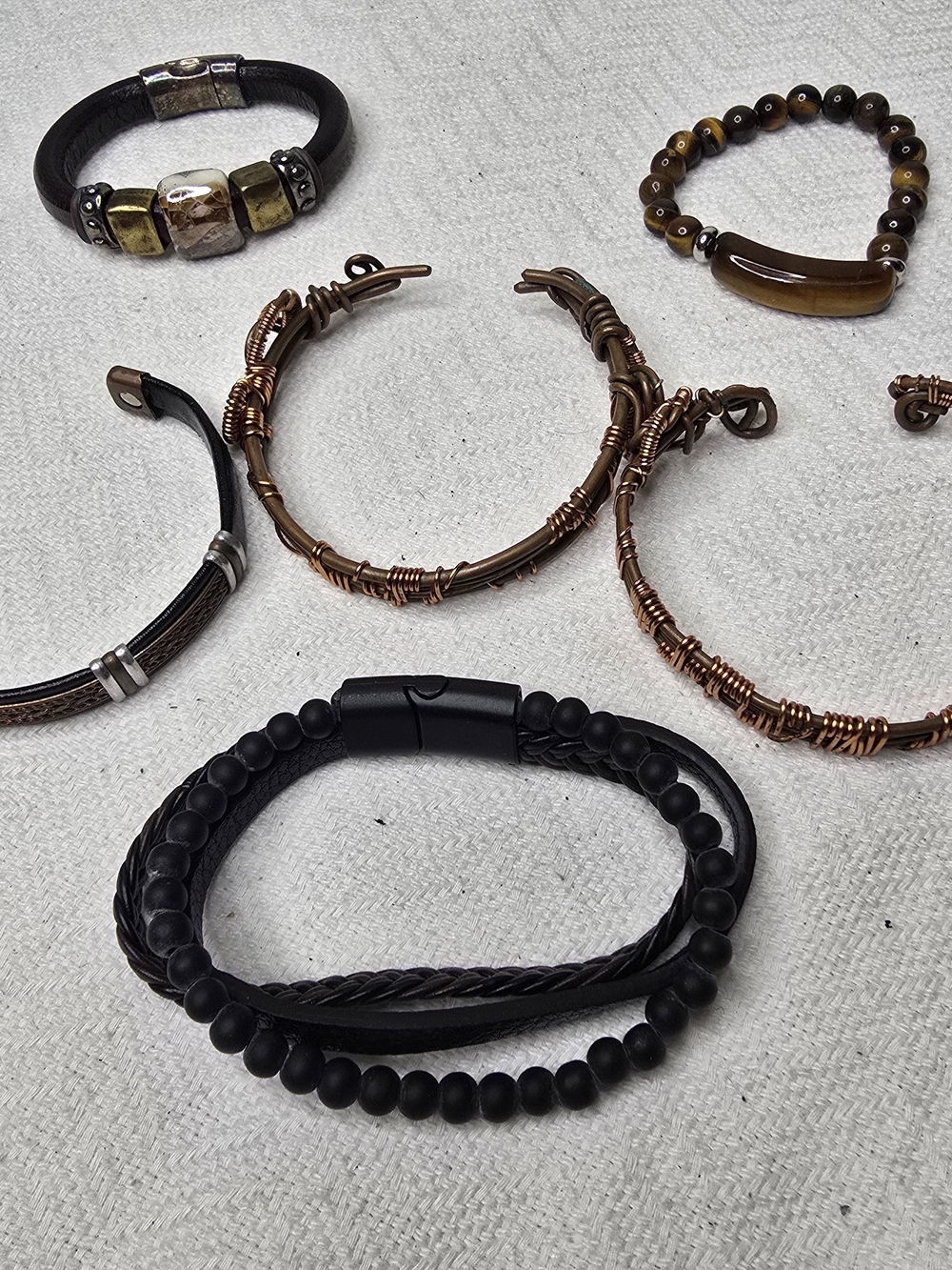 Men’s Bracelet Lot 6pc Leather Beaded Wire Cuff Tiger Eye Style